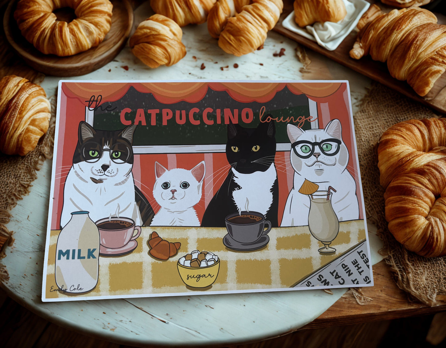 The Catpuccino Lounge Cute Cats With Drinks Poster Print