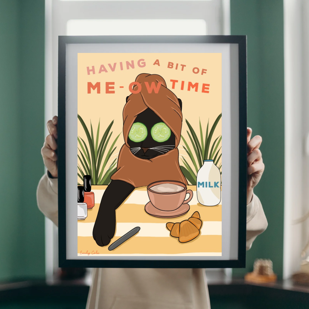 Having A Bit Of Me-Ow Time Black Cat Digital Poster Print