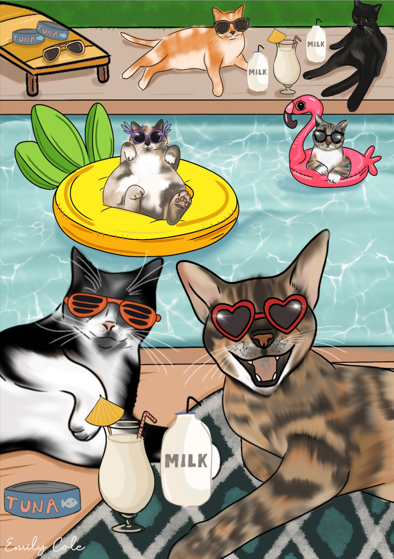 Cats At The Pool Digital Poster Print