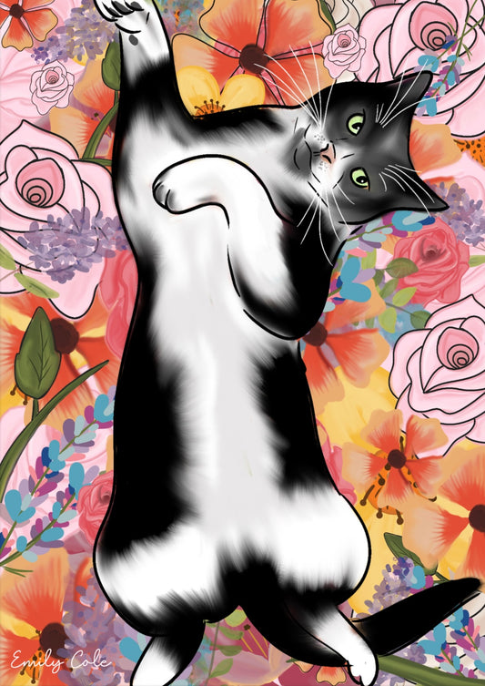 Vibrant Floral Digital Cat Lovers Black Cat Poster Print