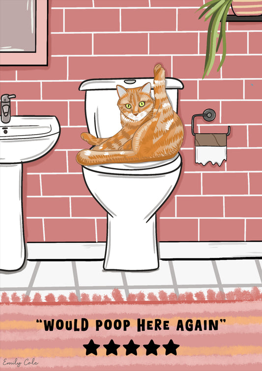 Ginger Cat Bathroom Print; Would Poop Here Again 5 Star Rating Cat Digital Print