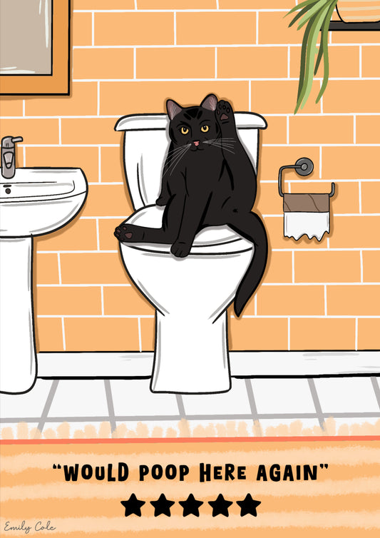 Black Cat Bathroom Print; Would Poop Here Again Cat Digital Poster Print