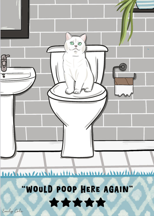 White Cat Bathroom Print; Would Poop Here Again 5 Star Rating Digital Print