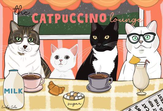 The Catpuccino Lounge Cute Cats With Drinks Poster Print