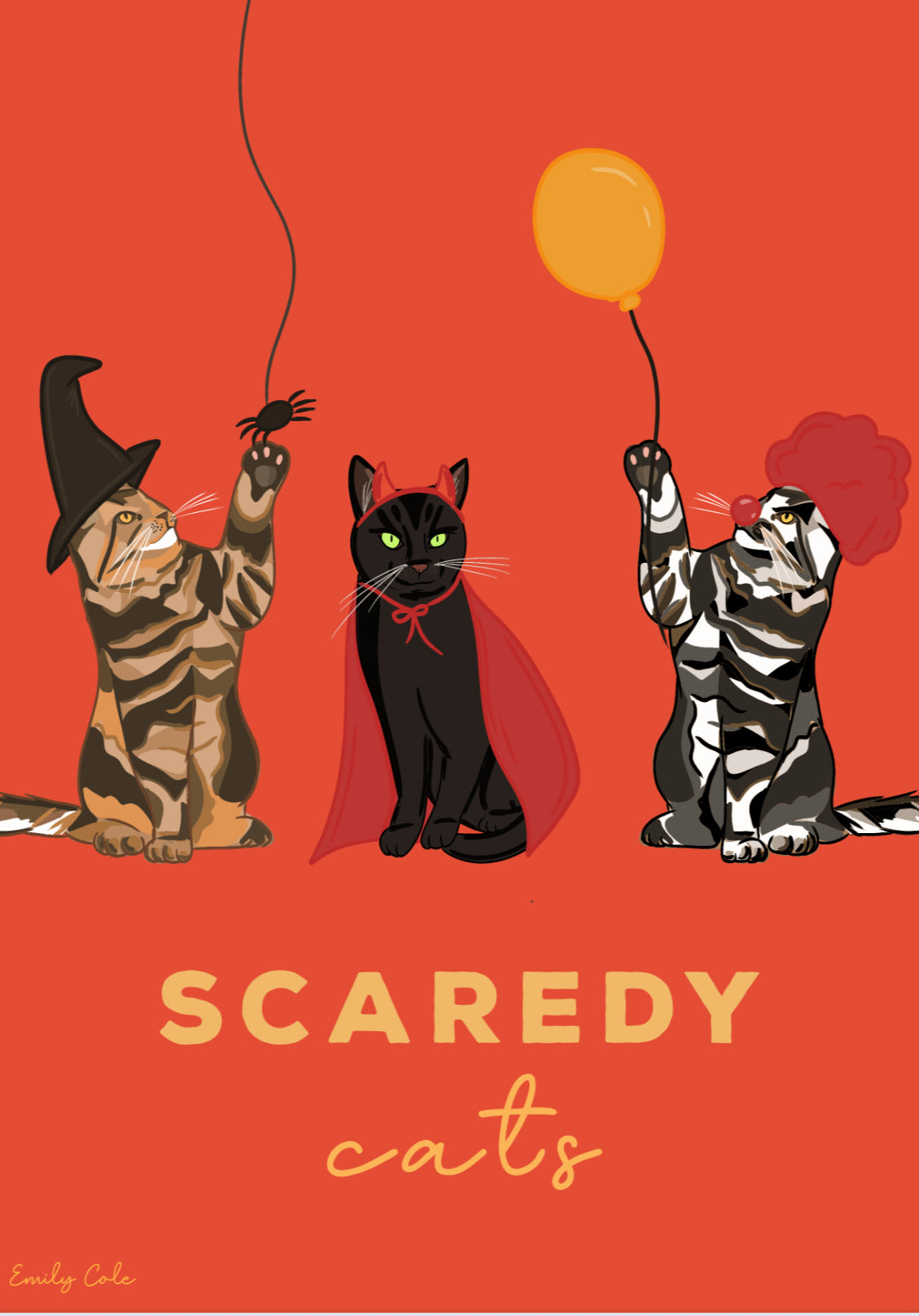 Halloween Scaredy Cat Digital Poster Print Red