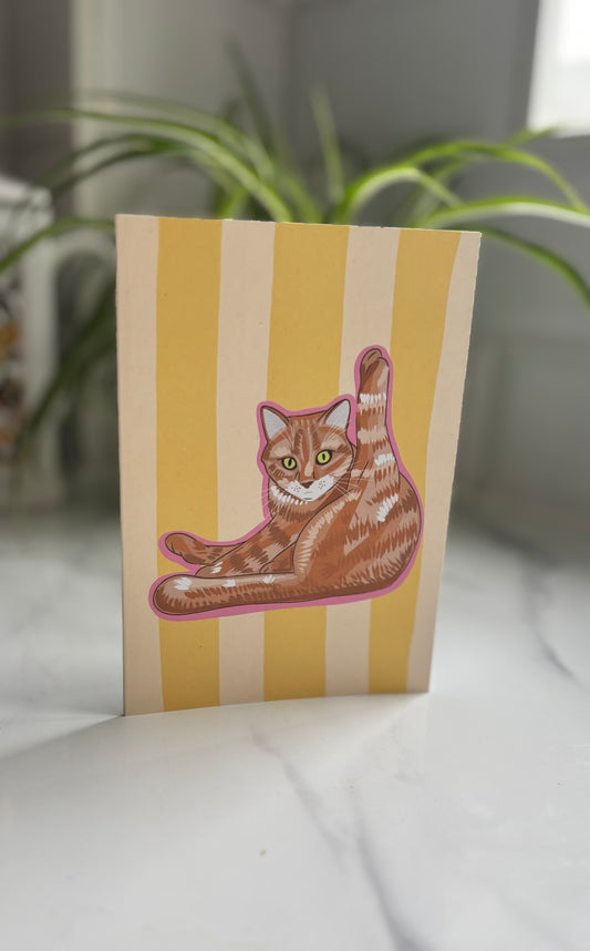 A6 Yellow Striped Greetings Card With Ginger Cat