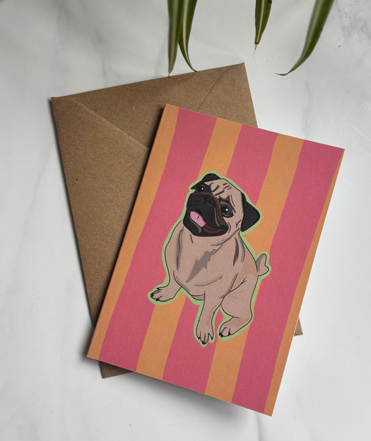 A6 Pug Dog Striped Bright Blank Greetings Card