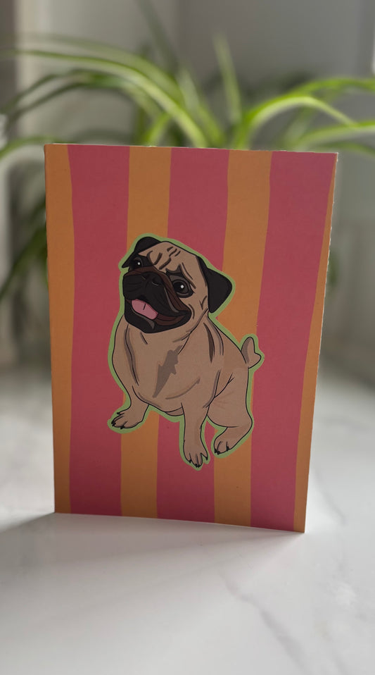 A6 Pug Dog Striped Bright Blank Greetings Card