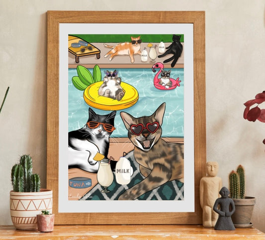 Cats At The Pool Digital Poster Print