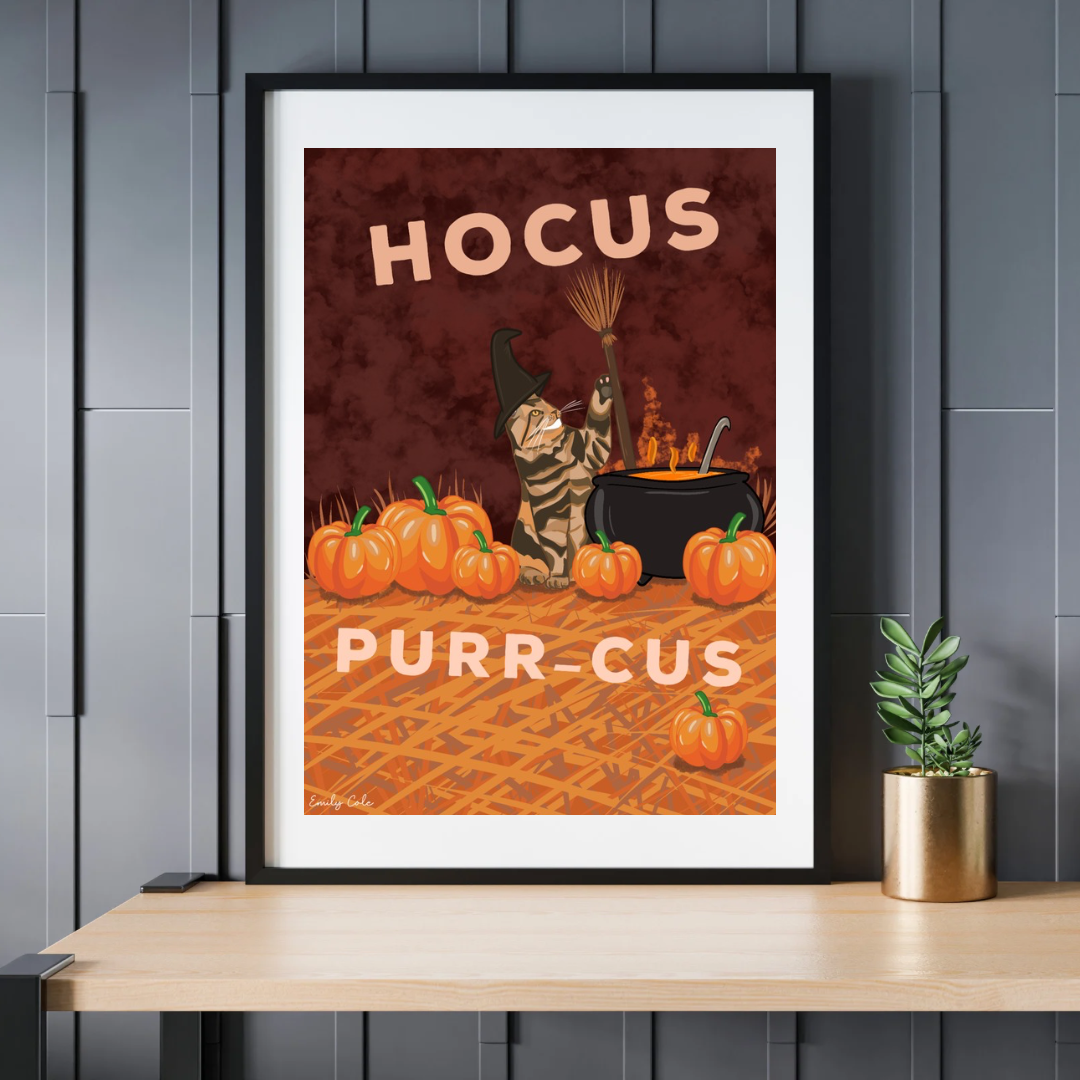 Hocus Purr-Cus Halloween Digital Tabby Cat Poster Print
