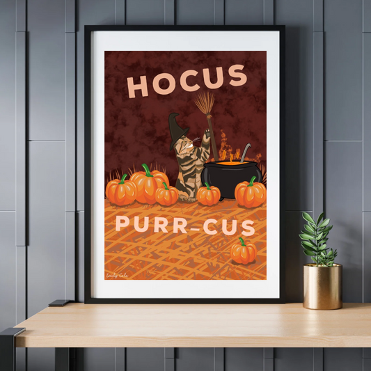 Hocus Purr-Cus Halloween Digital Tabby Cat Poster Print