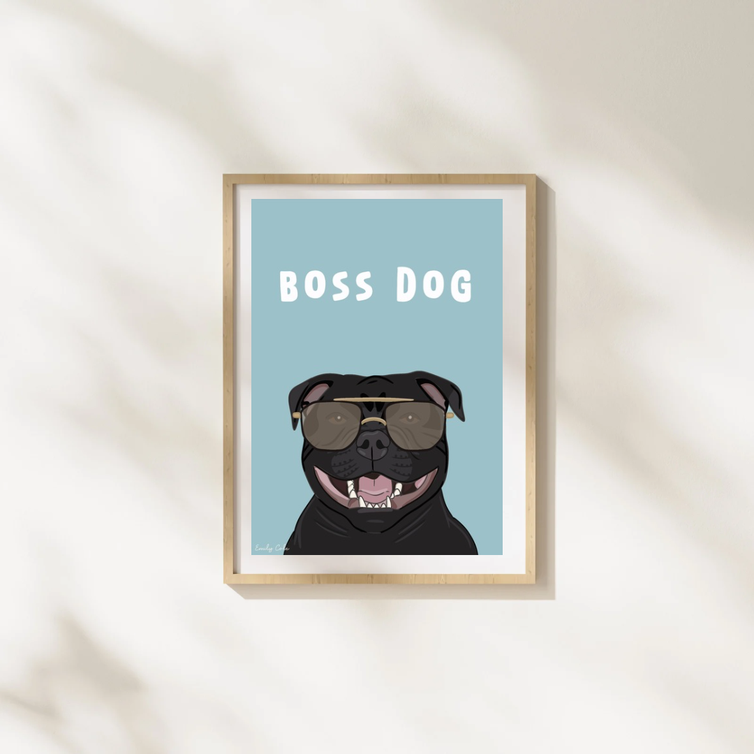 Boss Dog Bold Blue Staffy Dog A4 Poster