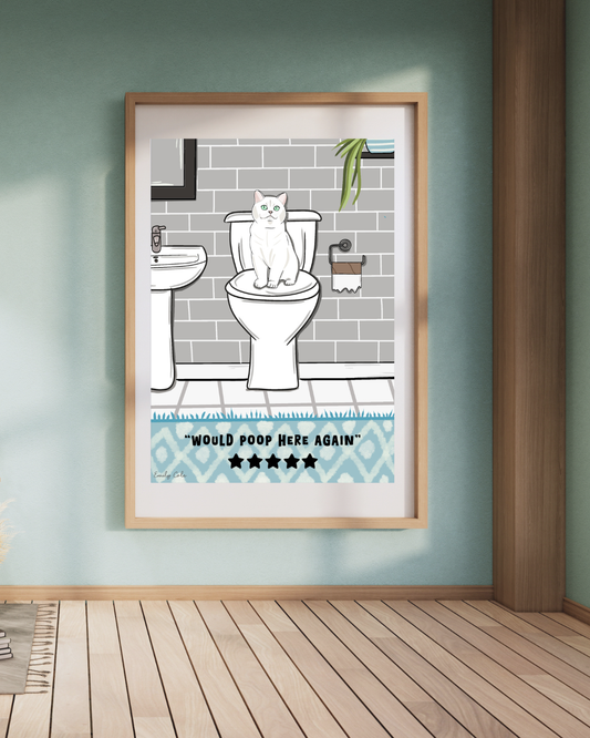 White Cat Bathroom Print; Would Poop Here Again 5 Star Rating Digital Print