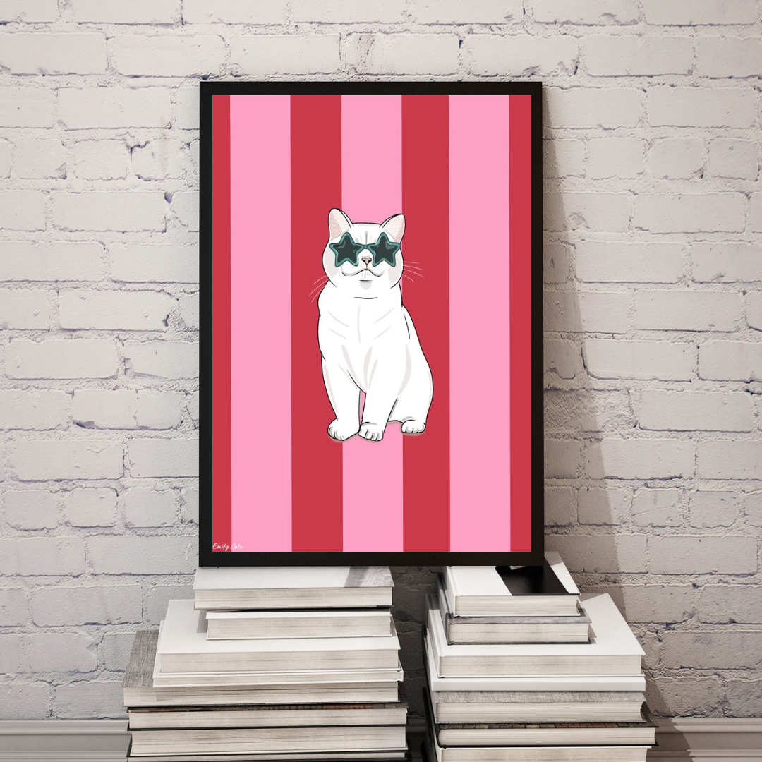 Bold Vibrant Striped White Cat Lover Poster Print