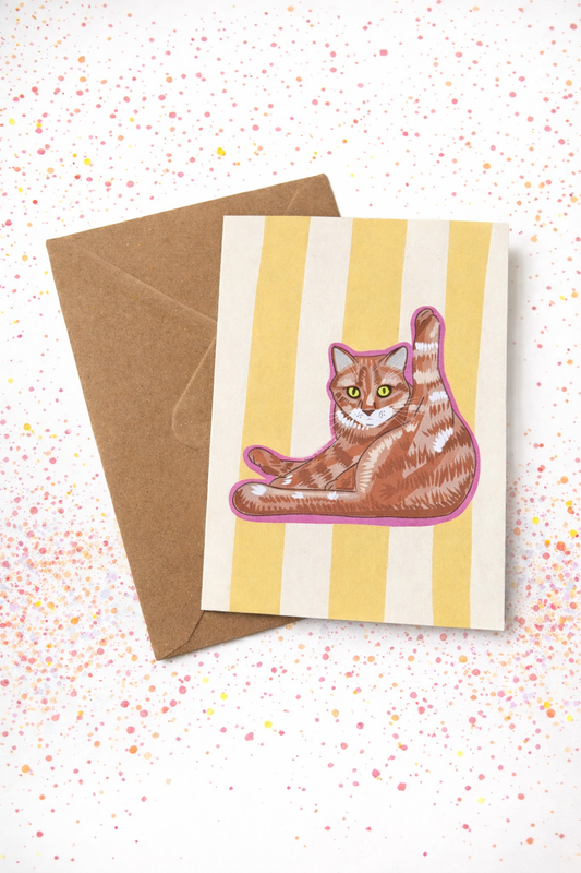 A6 Yellow Striped Greetings Card With Ginger Cat