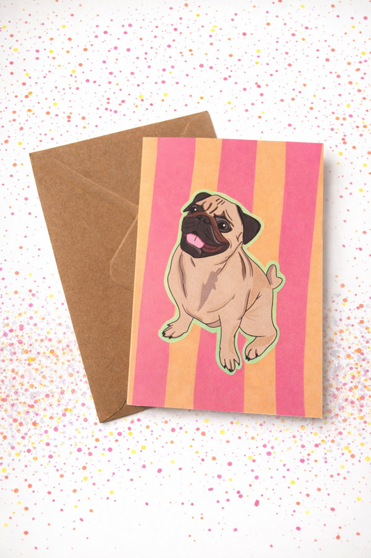 A6 Pug Dog Striped Bright Blank Greetings Card