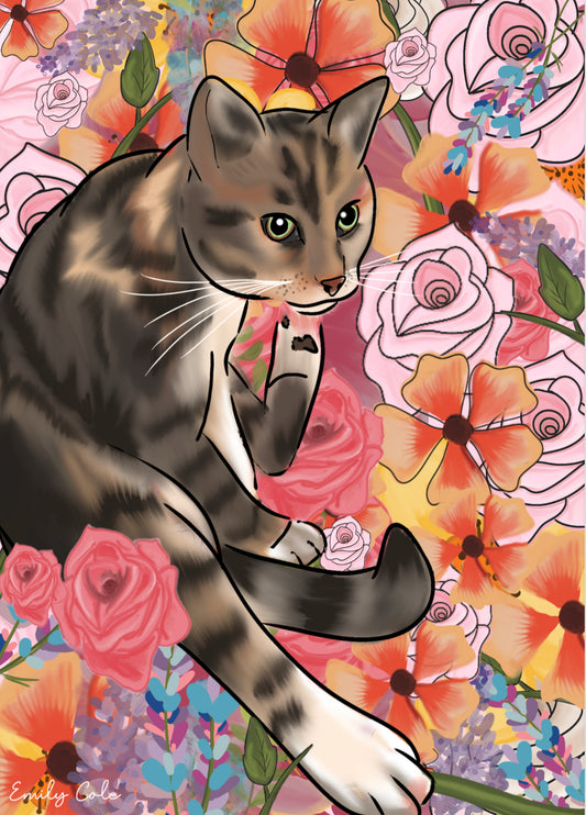 Vibrant Floral Cat Poster Print