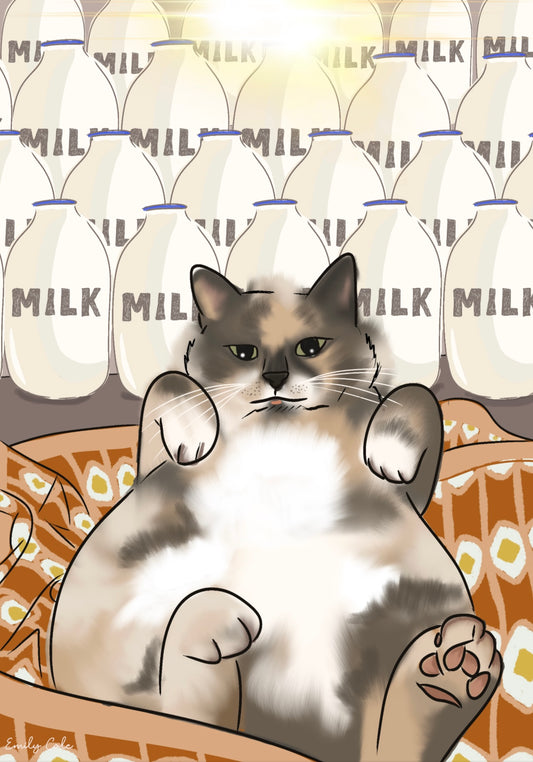 Cat Milk Bottle Digital Poster Print