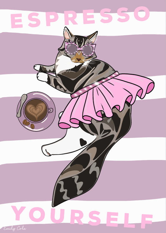 Cat And Coffee Lovers; Espresso Yourself Digital Cat Poster Print
