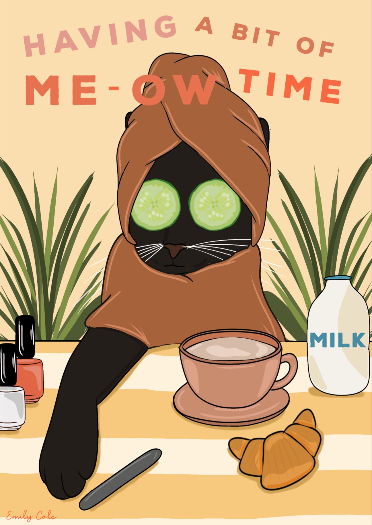 Having A Bit Of Me-Ow Time Black Cat Digital Poster Print