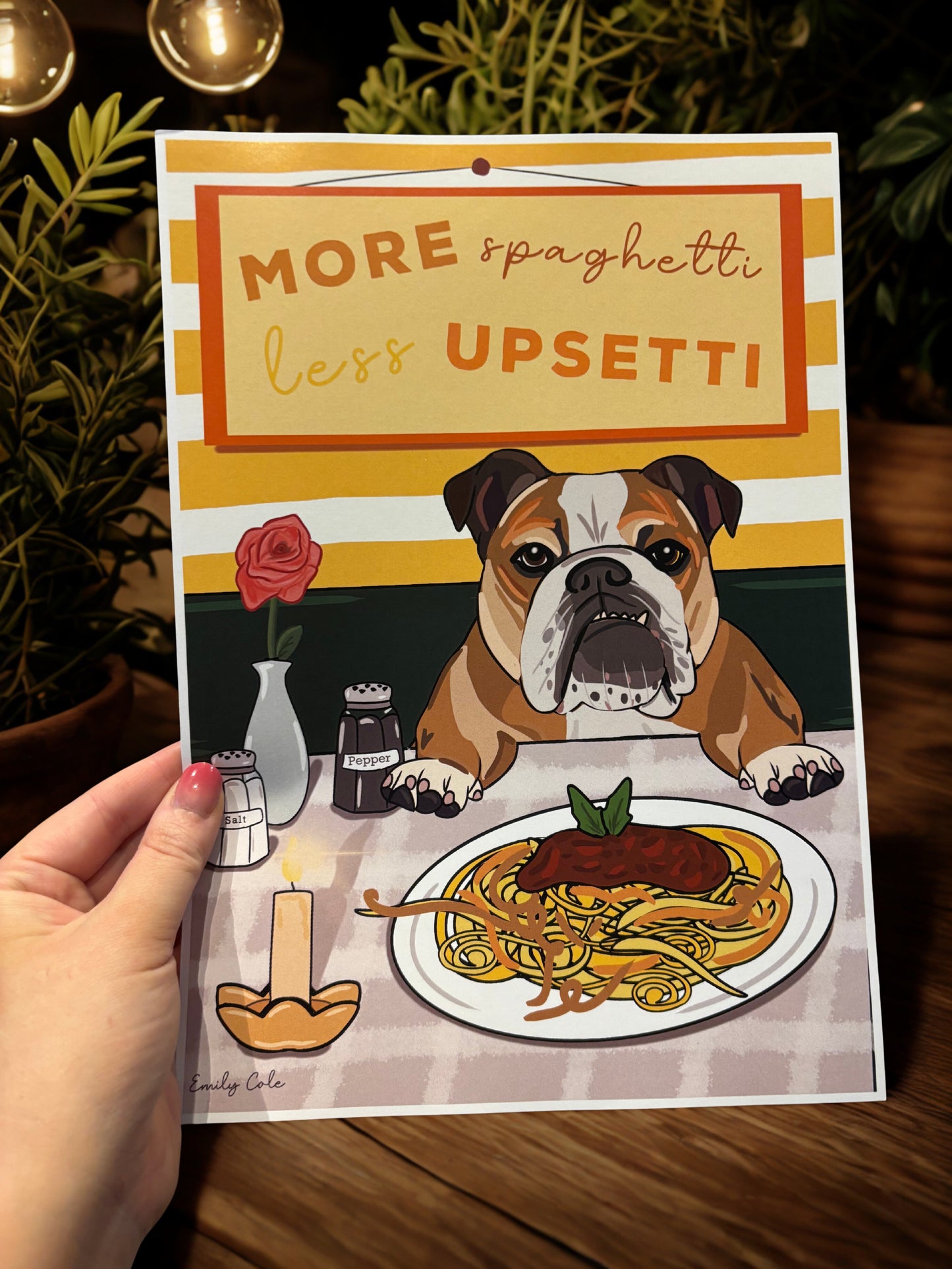 More Spaghetti Less Upsetti Cute Bulldog Dinner Poster Print