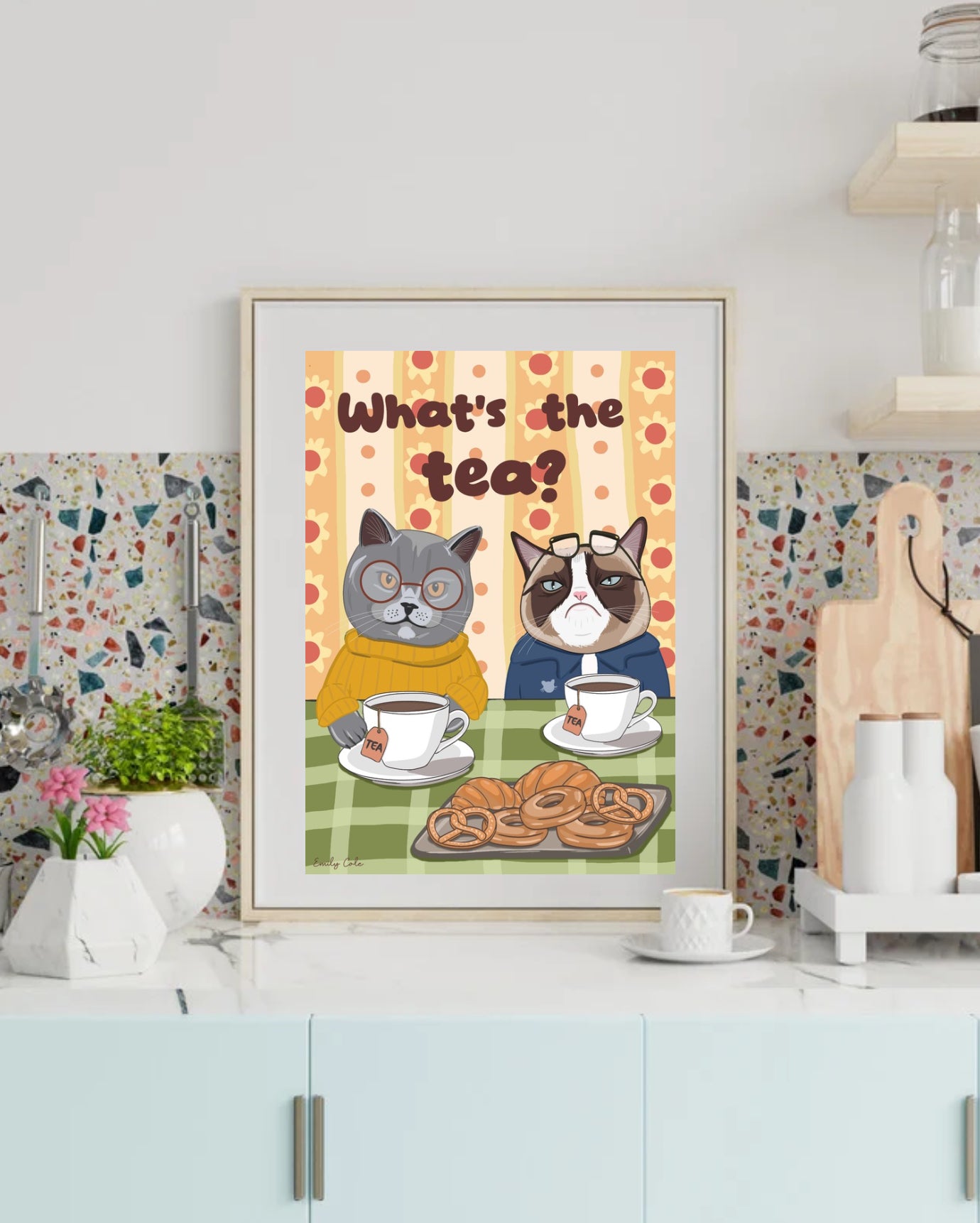 What’s The Tea Cute Cats Having Tea And Gossip Poster Print