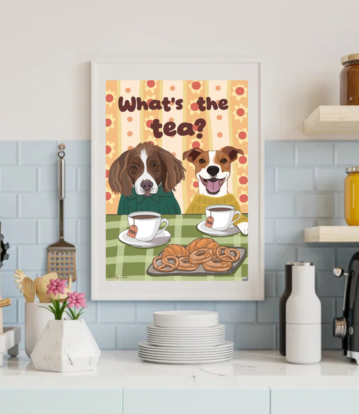 What’s The Tea Cute Dog Gossip Poster Print