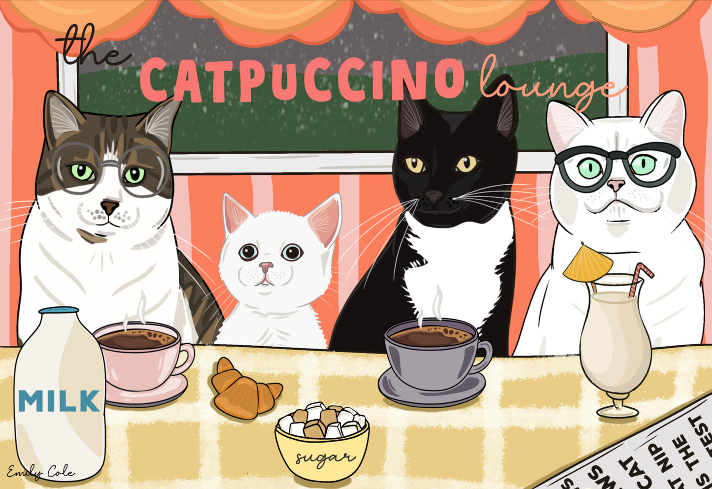 The Catpuccino Lounge Cute Cats With Drinks Poster Print