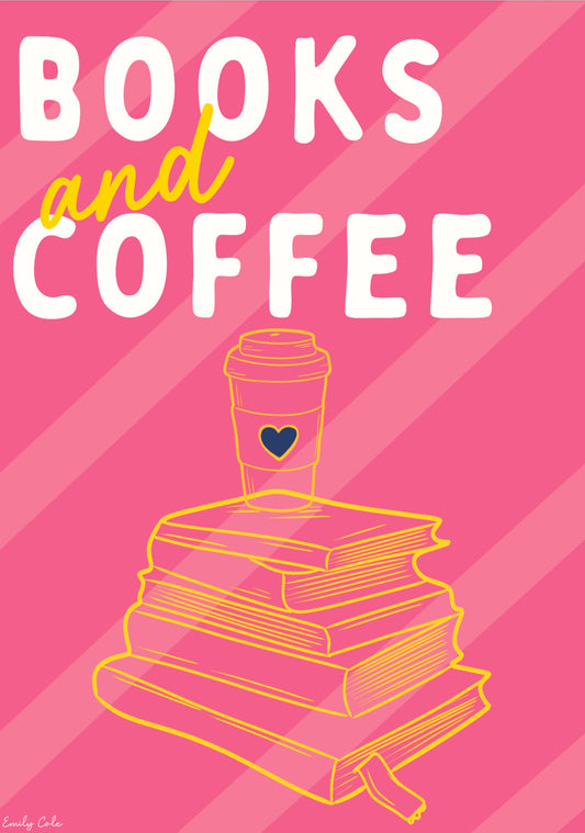 Cute Books And Coffee Poster Pink And Yellow Poster Print