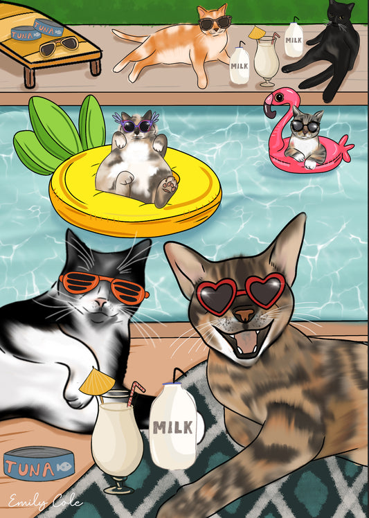 Cheeky Fun Cats By The Pool A3 Poster Print