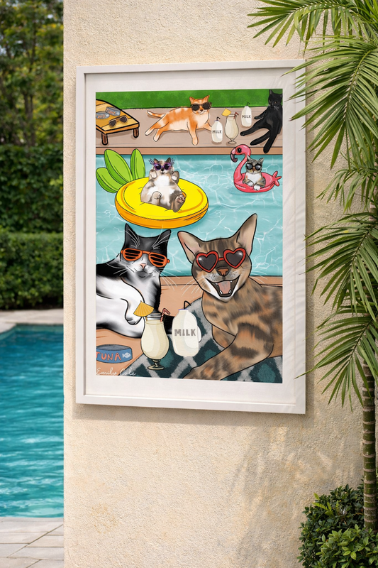 Cheeky Fun Cats By The Pool A3 Poster Print
