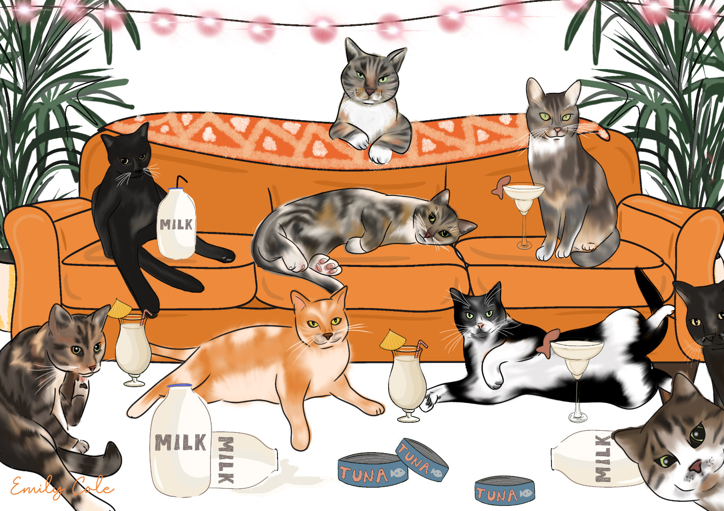 Fun Cats On A Cosy Sofa A3 Cat Party Poster Print