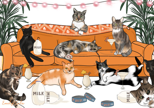 Fun Cats On A Cosy Sofa A3 Cat Party Poster Print
