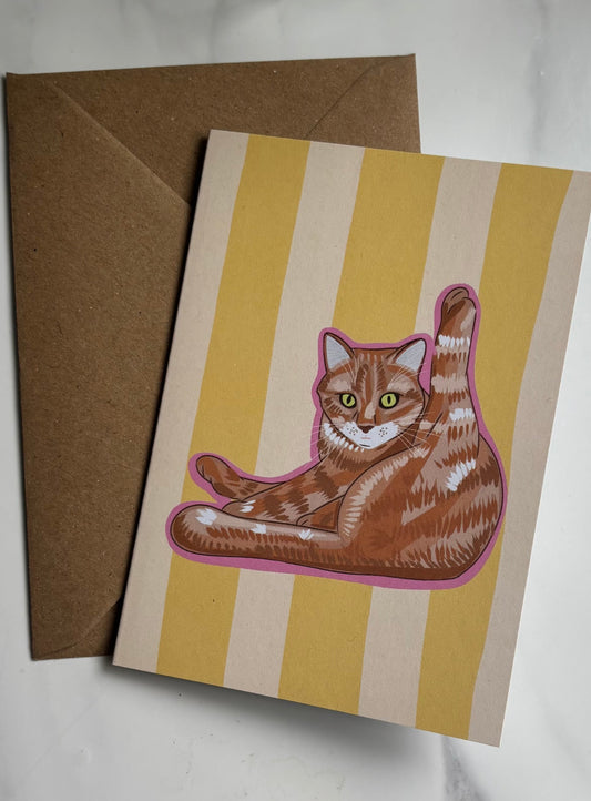 A6 Yellow Striped Greetings Card With Ginger Cat
