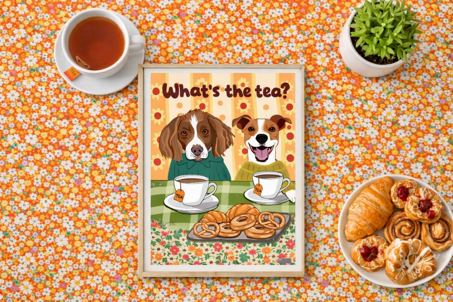 What’s The Tea Cute Dog Gossip Poster Print