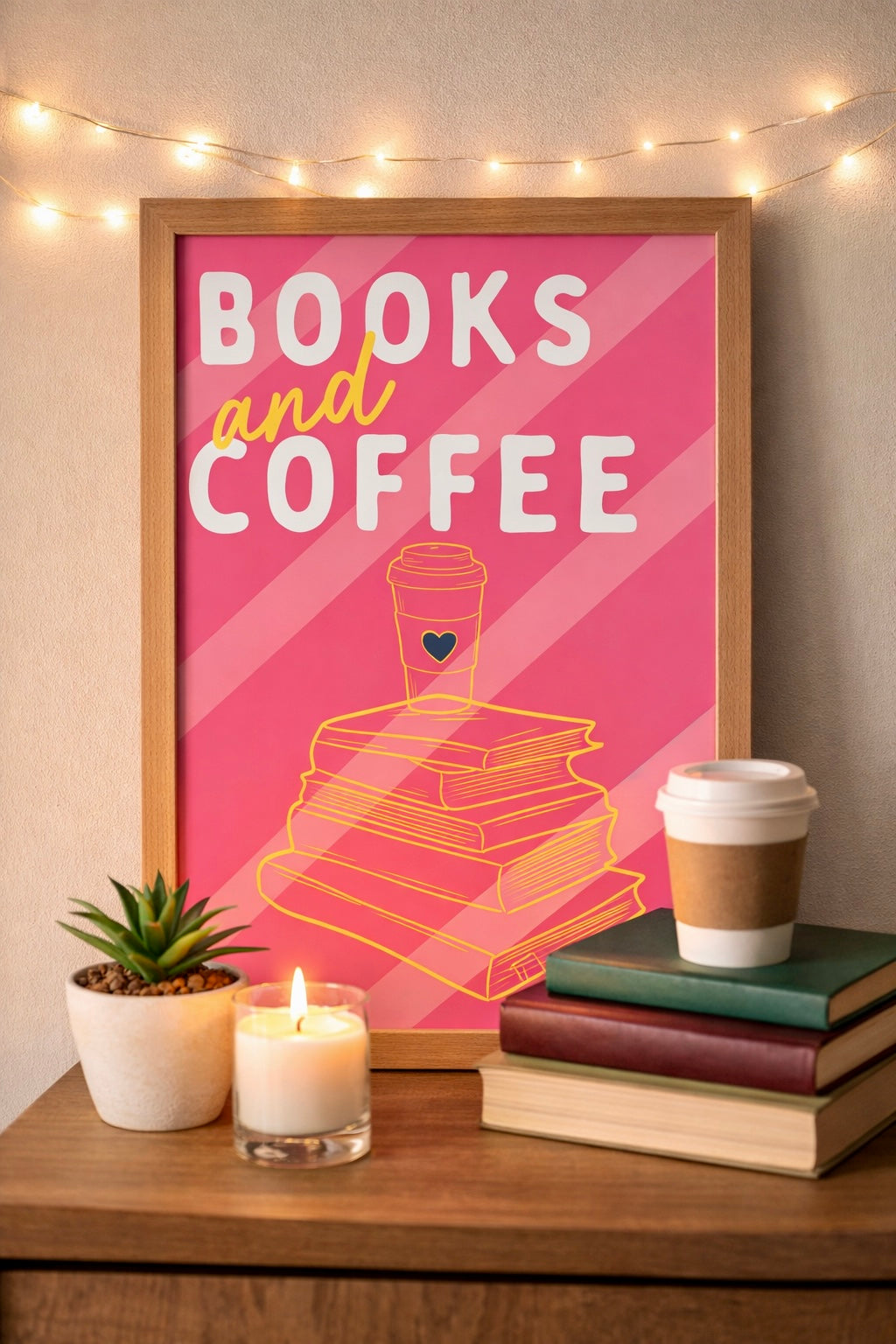 Cute Books And Coffee Poster Pink And Yellow Poster Print