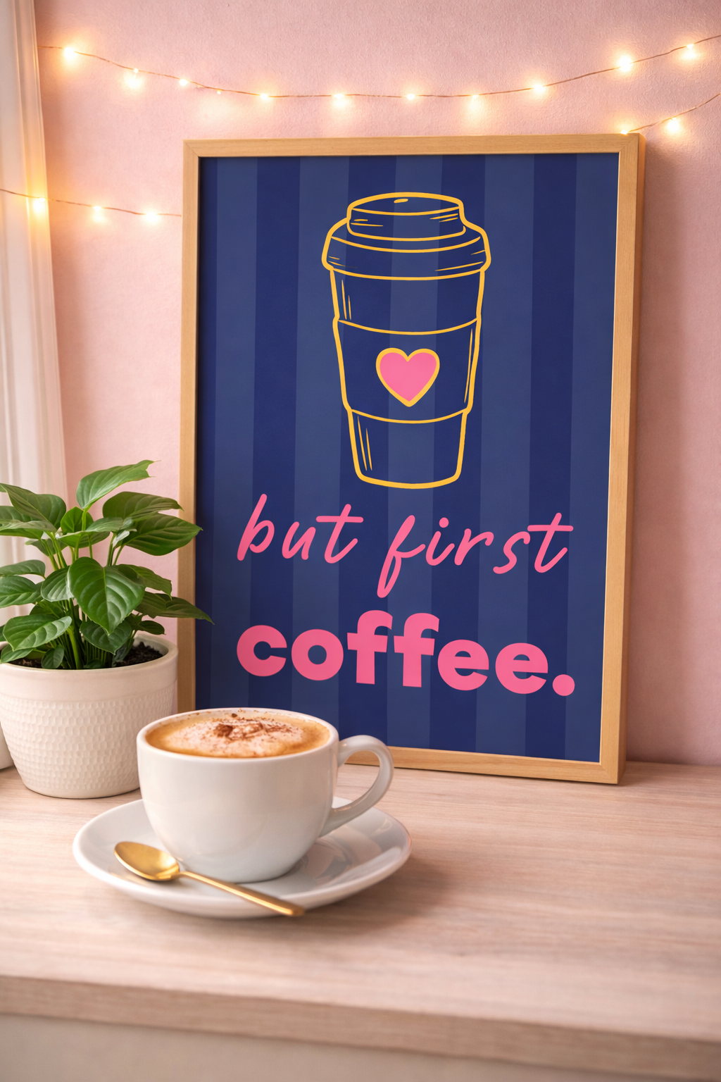 But First Coffee Cute A5 Navy and Pink Poster Print