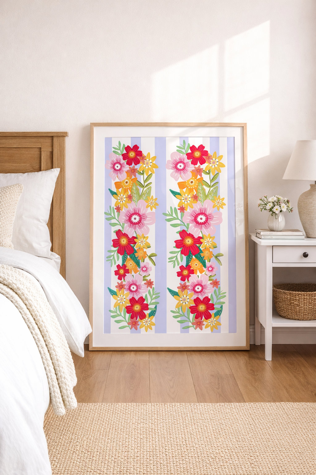 Blue Striped Vibrant Floral Botanical Poster Print