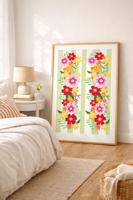 Green Striped Vibrant Floral Botanical Poster Print
