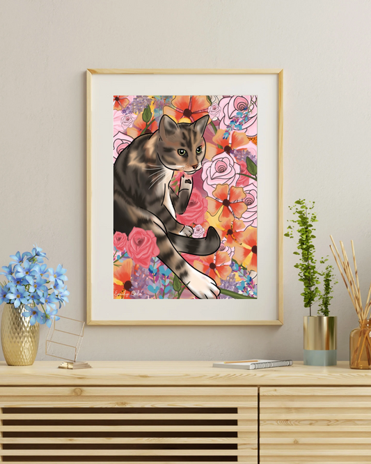Vibrant Floral Cat Poster Print