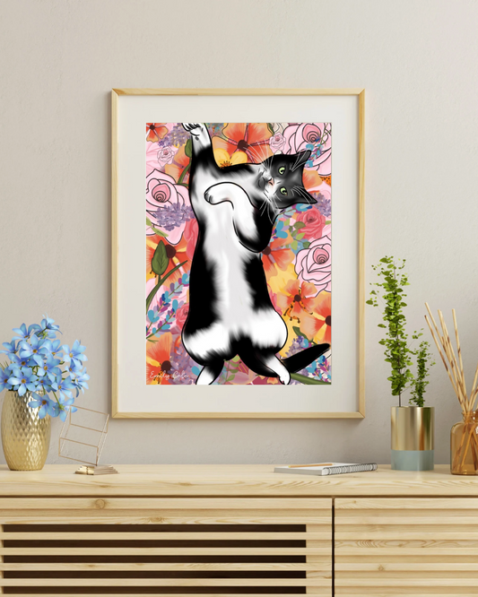 Vibrant Floral Digital Cat Poster Print