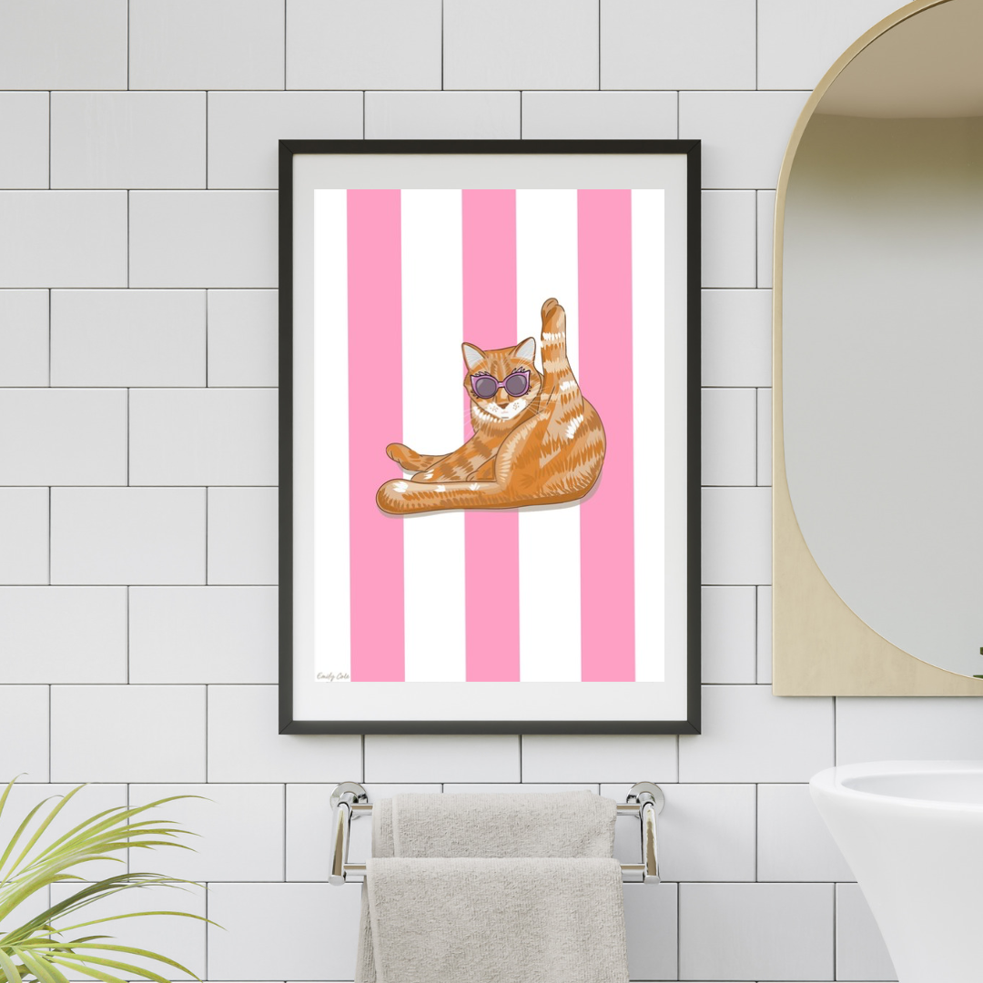Vibrant Pink And White Striped Ginger Cat Poster Print