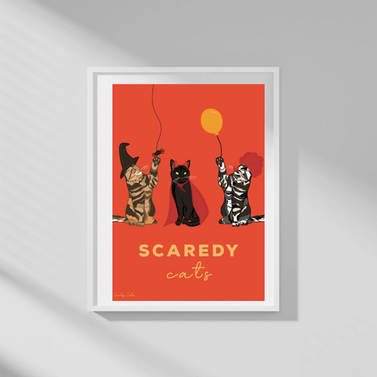 Halloween Scaredy Cat Digital Poster Print Red