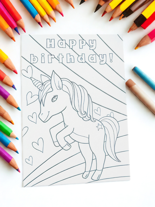 Colour-In Greetings Card Happy Birthday Unicorn